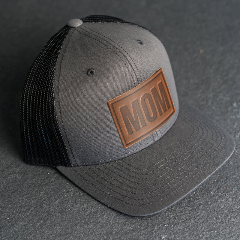 Leather Patch Trucker Style Hat - Mom Stamp - Block Font