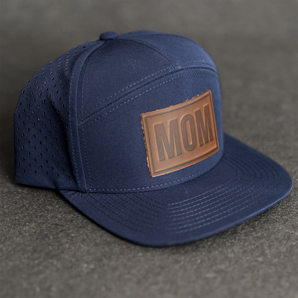 Leather Patch Flat Bill 7 Panel Perforated Performance Hat - Mom Stamp - Block Font