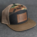 Leather Patch Flat Bill 7 Panel Trucker Hat - Mom Stamp - Block