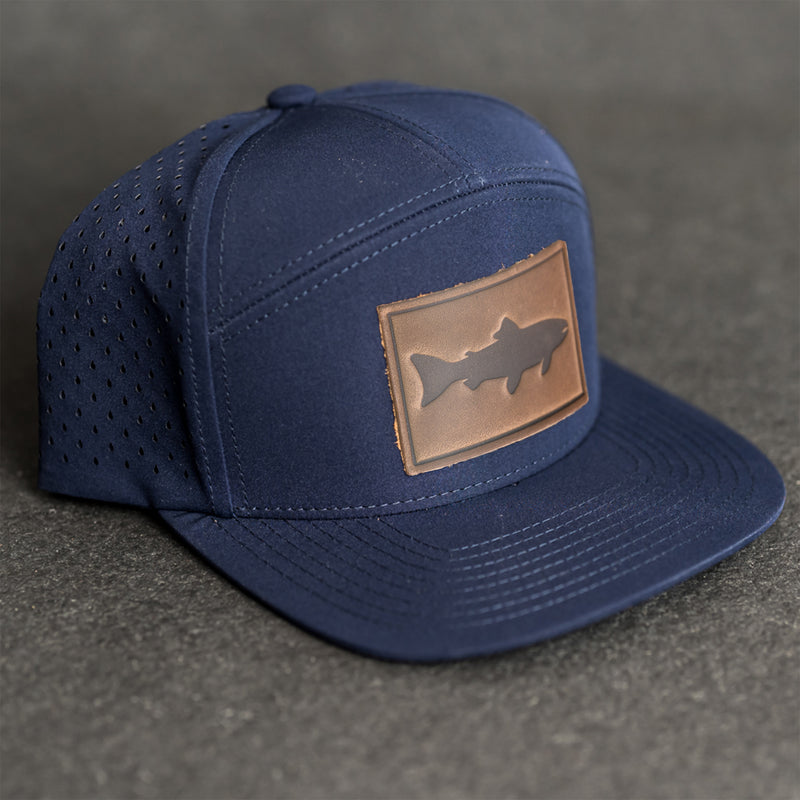 Leather Patch Flat Bill 7 Panel Perforated Performance Hat - Fish Stamp