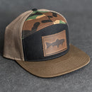 Leather Patch Flat Bill 7 Panel Trucker Hat - Fish Stamp