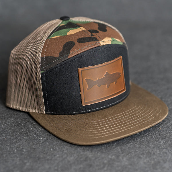 Leather Patch Flat Bill 7 Panel Trucker Hat - Fish Stamp
