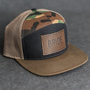 Leather Patch Flat Bill 7 Panel Trucker Hat - Bride or Groom (block) Stamp