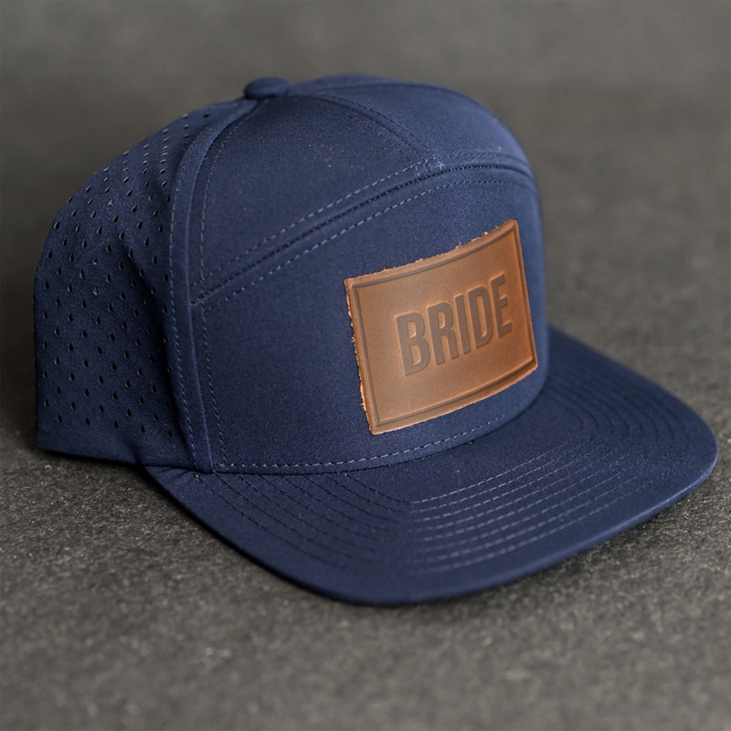 Leather Patch Flat Bill 7 Panel Perforated Performance Hat - Bride or Groom (block) Stamp