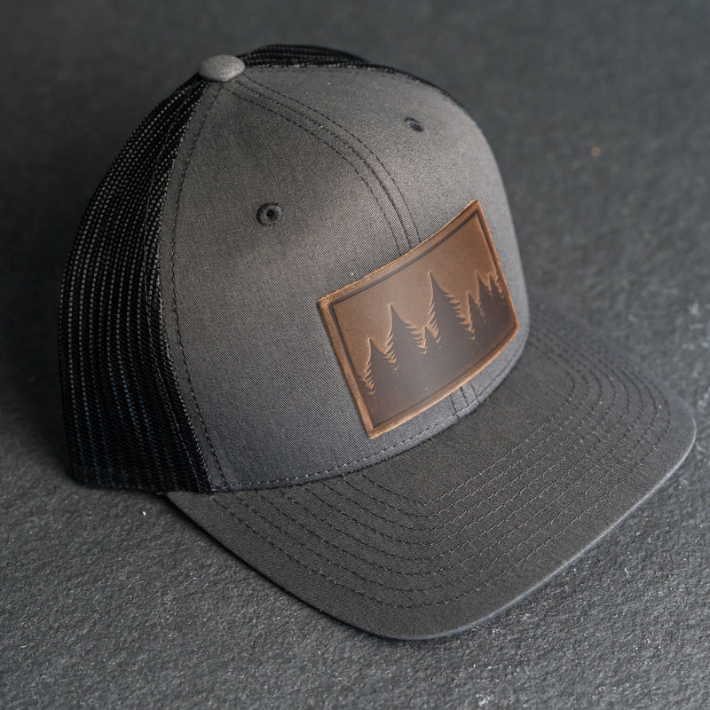 Leather Patch Trucker Style Hat - Pine Tree Ridgeline Stamp