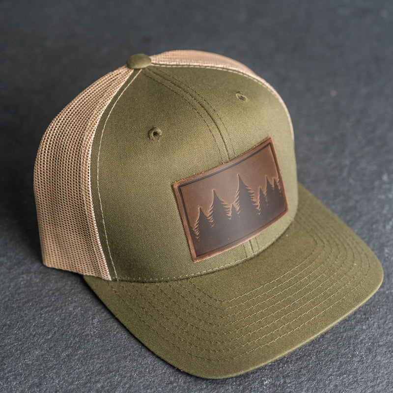 Leather Patch Trucker Style Hat - Pine Tree Ridgeline Stamp