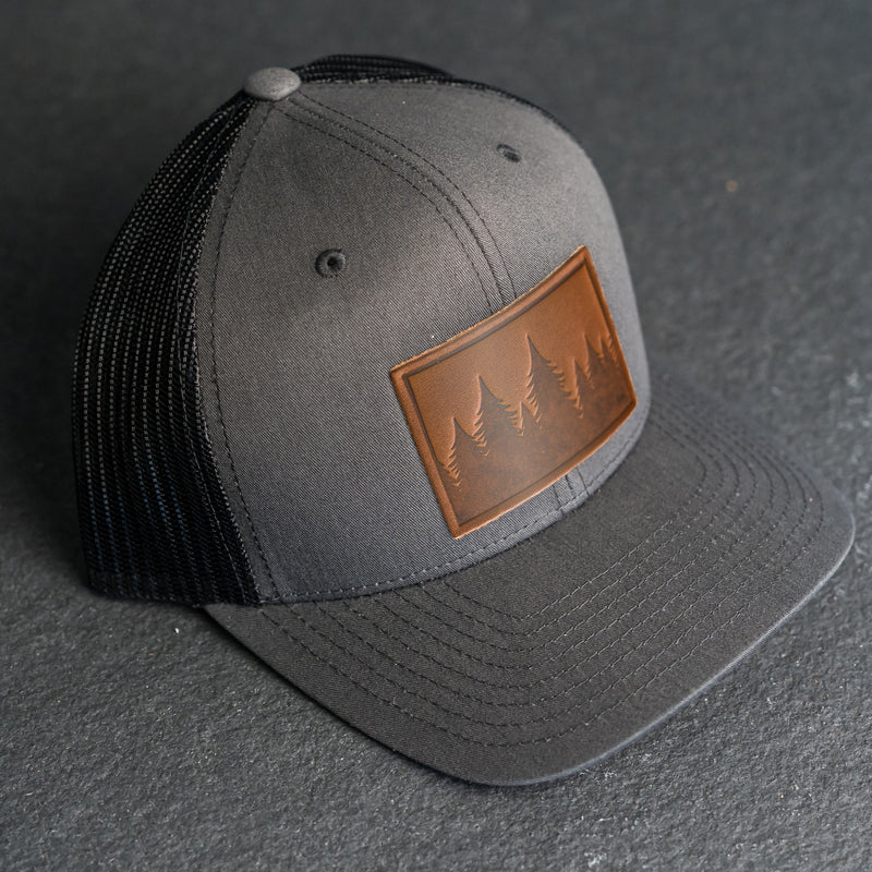 Leather Patch Trucker Style Hat - Pine Tree Ridgeline Stamp