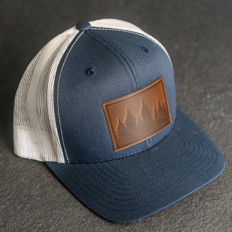 Leather Patch Trucker Style Hat - Pine Tree Ridgeline Stamp