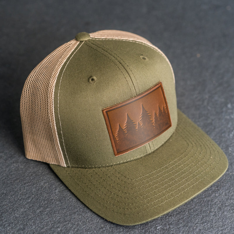 Leather Patch Trucker Style Hat - Pine Tree Ridgeline Stamp
