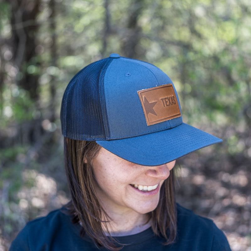 Leather Patch Trucker Style Hat - Texas License Plate Stamp