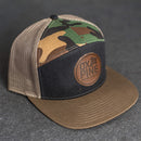 Leather Patch Flat Bill 7 Panel Trucker Hat - Ox & Pine Logo Stamp - Circle