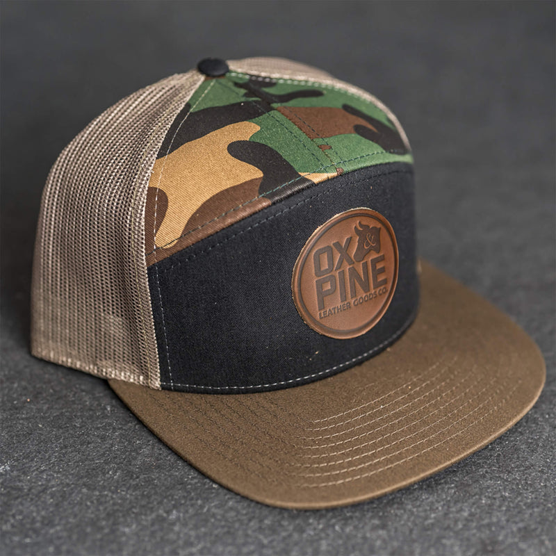 Leather Patch Flat Bill 7 Panel Trucker Hat - Ox & Pine Logo Stamp - Circle