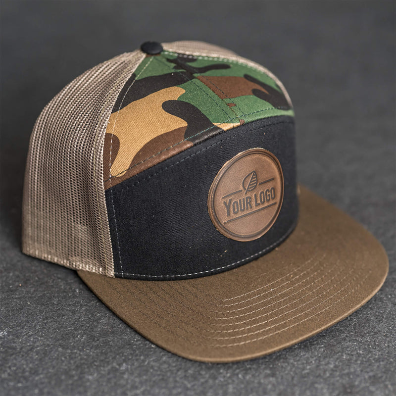Your Logo on a Leather Patch Flat Bill 7 Panel Trucker Hat - Circle Patch