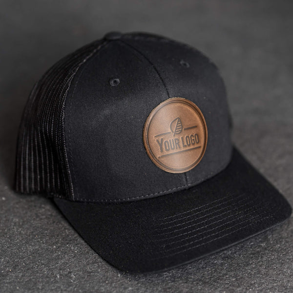 Your Logo on a Leather Patch Trucker Style Hat - Circle Patch