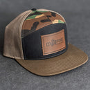Leather Patch Flat Bill 7 Panel Trucker Hat - Ox & Pine Logo Stamp