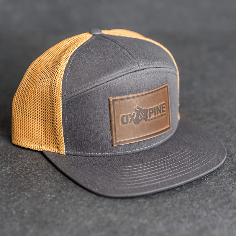 Leather Patch Flat Bill 7 Panel Trucker Hat - Ox & Pine Logo Stamp