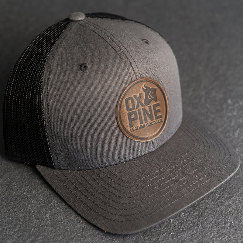 Leather Patch Trucker Style Hat - Ox & Pine Stamp - Circle