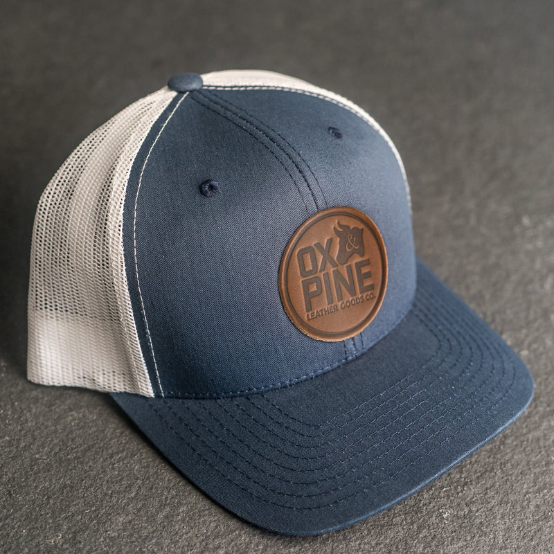 Leather Patch Trucker Style Hat - Ox & Pine Stamp - Circle