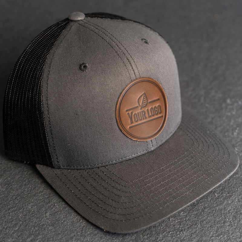Your Logo on a Leather Patch Trucker Style Hat - Circle Patch