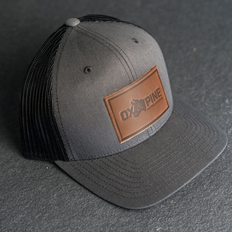 Leather Patch Trucker Style Hat - Ox & Pine Logo