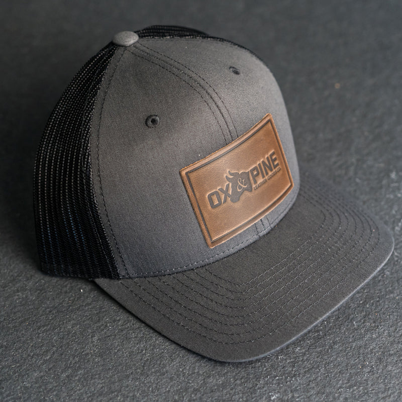 Leather Patch Trucker Style Hat - Ox & Pine Logo