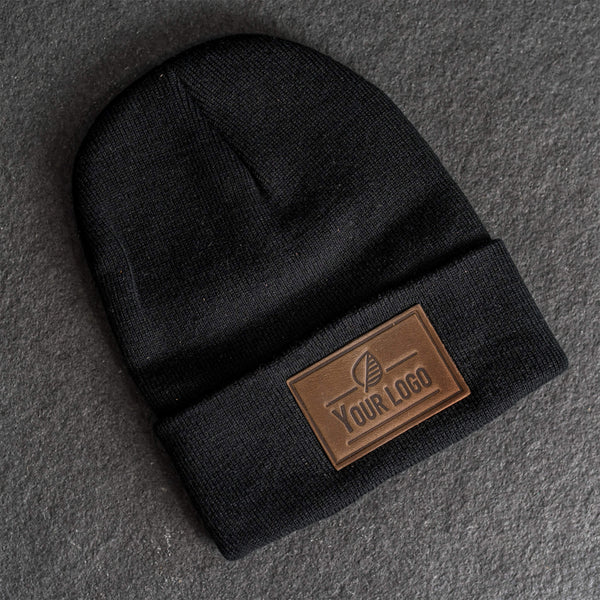 Your Logo Beanie with Leather Patch Attached