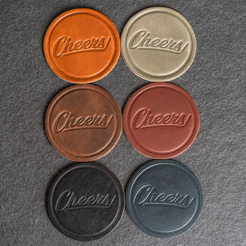Cheers Leather Coasters - 4" Round - Sold individually or as a Set of 4