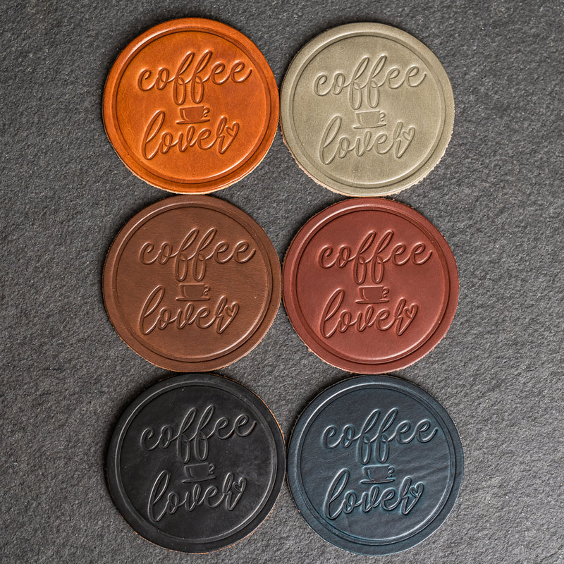 Coffee Lover Leather Coasters - 4" Round - Sold individually or as a Set of 4