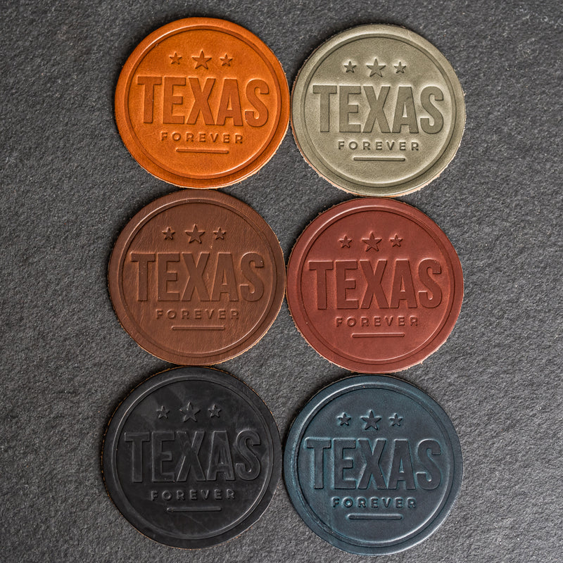 Texas Forever Leather Coasters - 4" Round - Sold individually or as a Set of 4