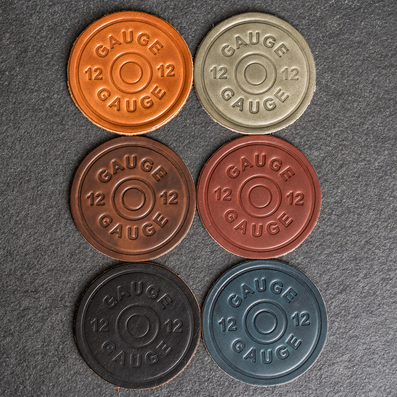 12 Gauge Stamp Design Leather Coasters - 4" Round - Sold individually or as a Set of 4