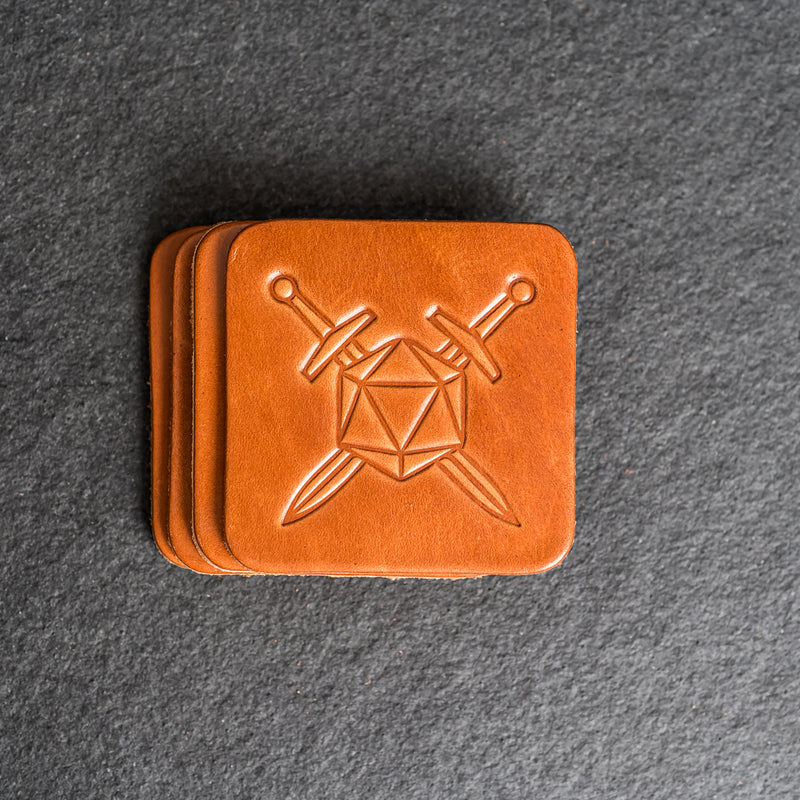 D20 with Swords Symbol Leather Coasters - Individual or Set of 4