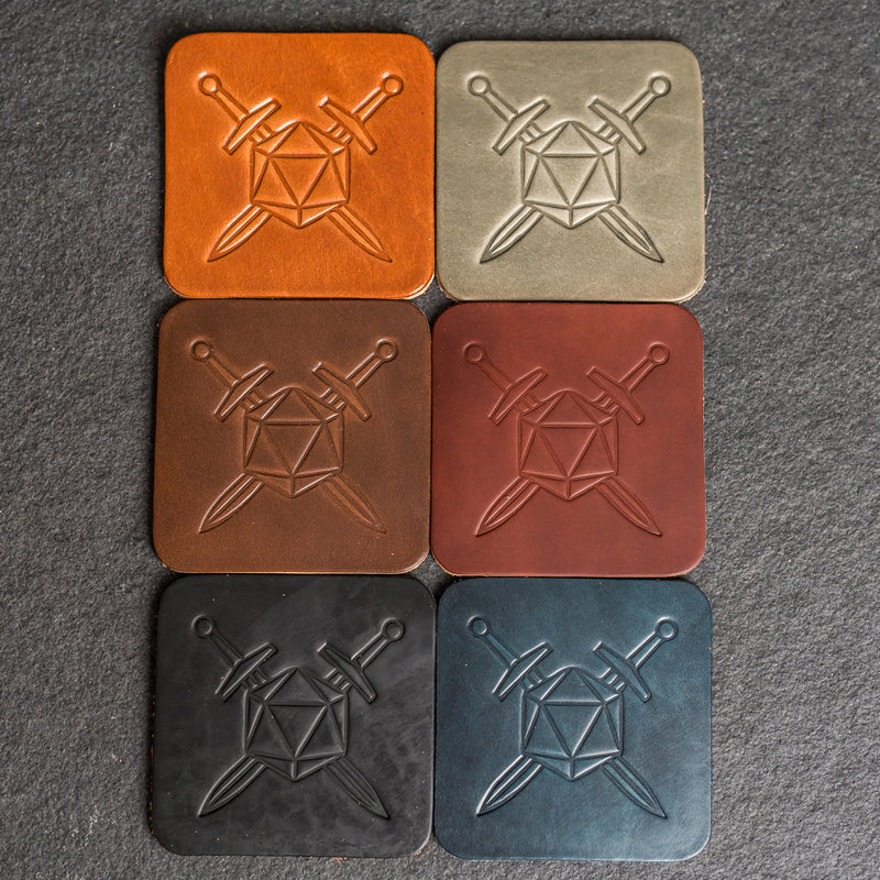 D20 with Swords Symbol Leather Coasters - Individual or Set of 4