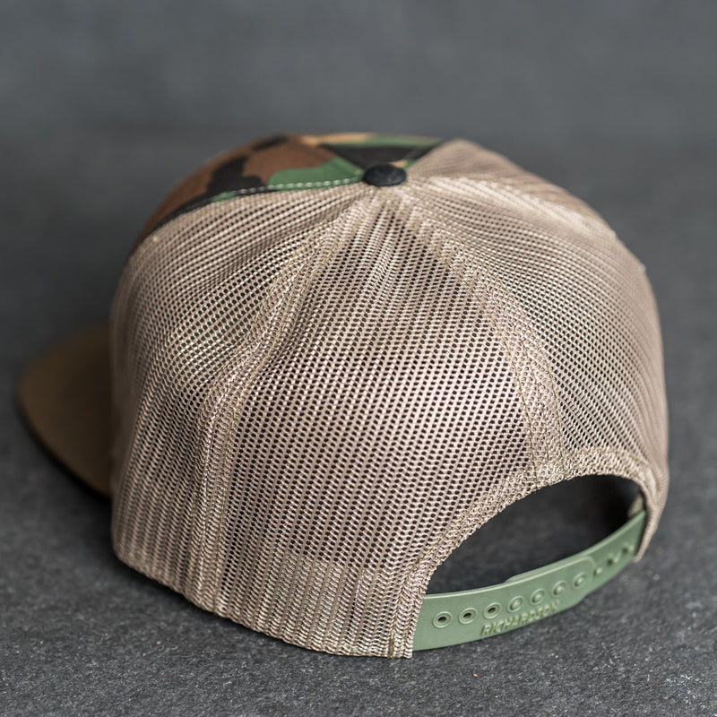 Leather Patch Flat Bill 7 Panel Trucker Hat - Bison Stamp