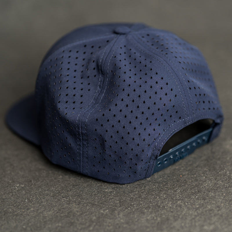 Leather Patch Flat Bill 7 Panel Perforated Performance Hat - American Flag Stamp