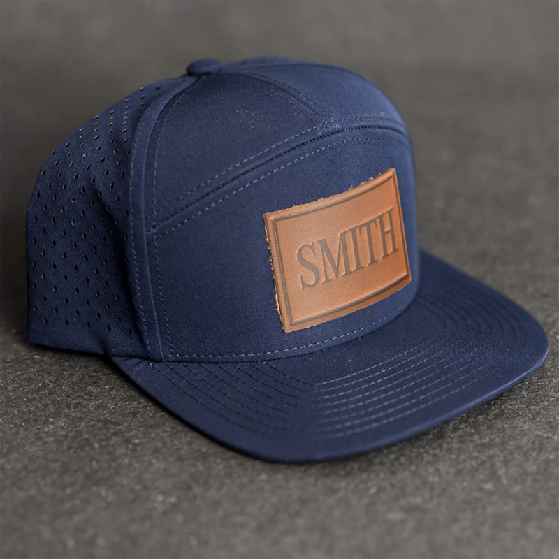 Personalized Leather Patch Flat Bill 7 Panel Perforated Performance Hat