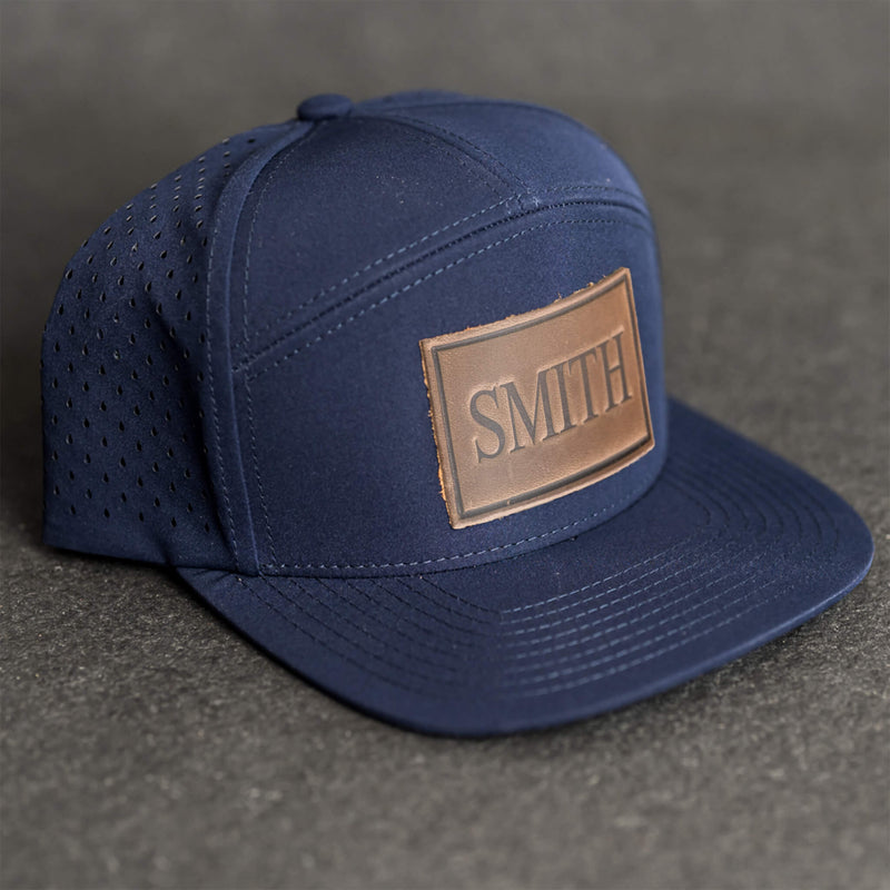 Personalized Leather Patch Flat Bill 7 Panel Perforated Performance Hat