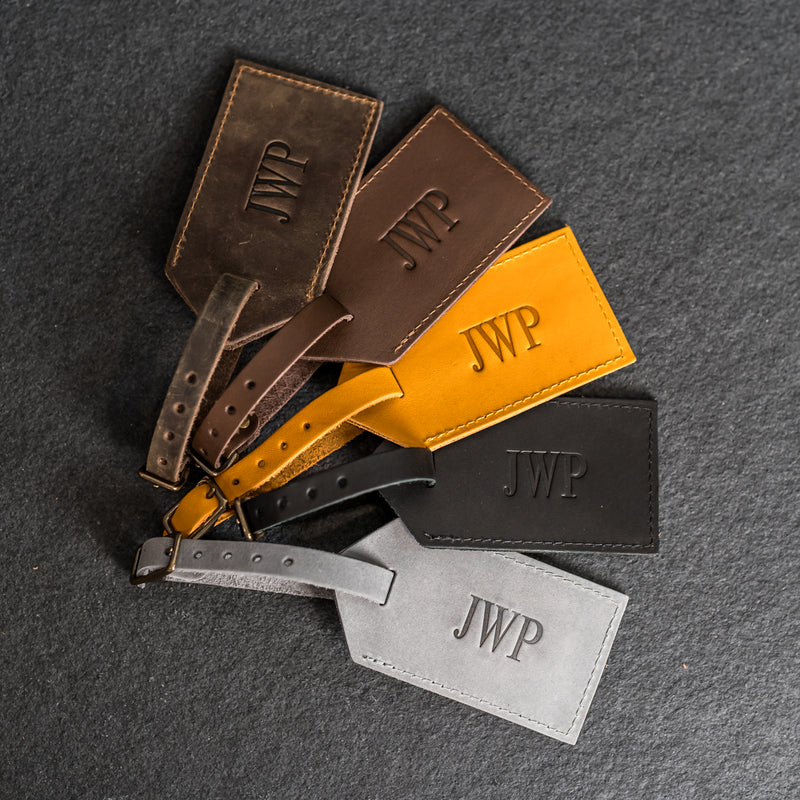 Personalized Leather Luggage Tags - Double Sided with Replaceable Information Card Included