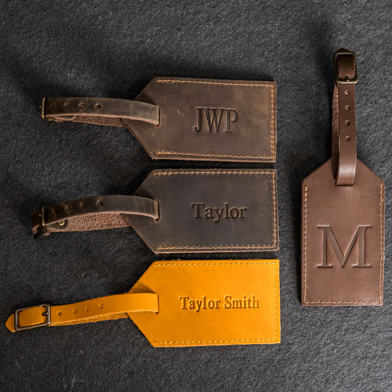 Personalized Leather Luggage Tags - Double Sided with Replaceable Information Card Included