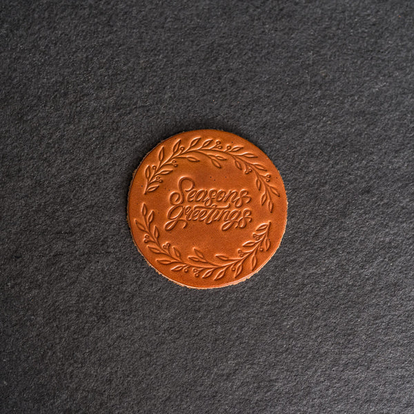 Seasons Greetings Leather Coasters - 4" Round or Square - Sold individually or as a Set of 4