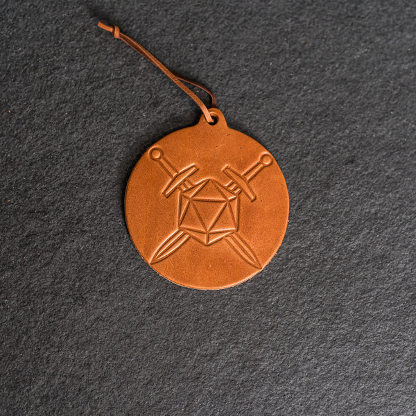D20 with Swords Circle Shape Leather Christmas Ornament | Stocking Tags