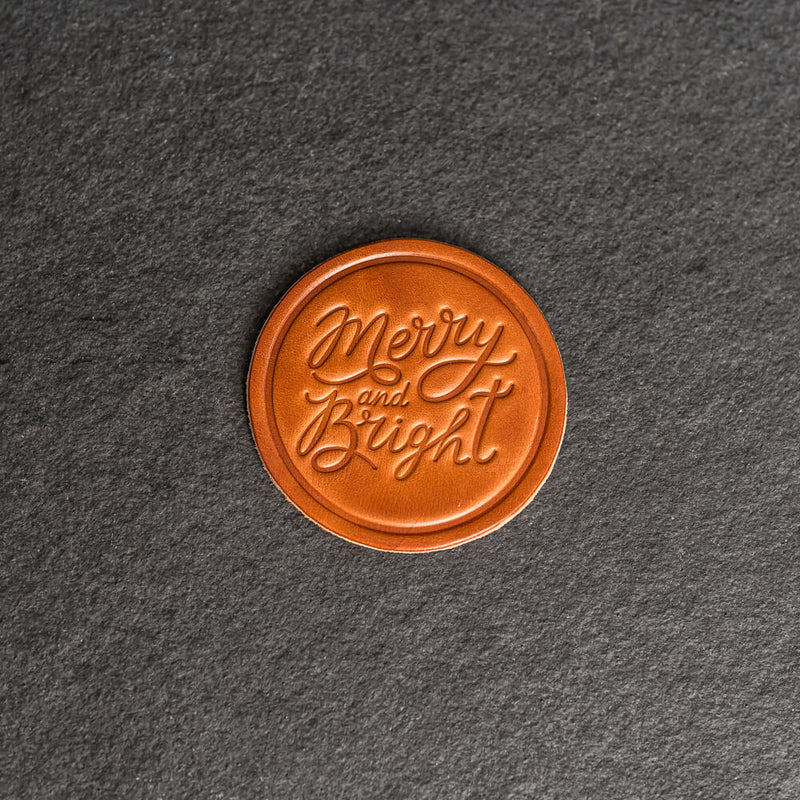 Merry & Bright Leather Coasters - 4" Round or Square - Sold individually or as a Set of 4