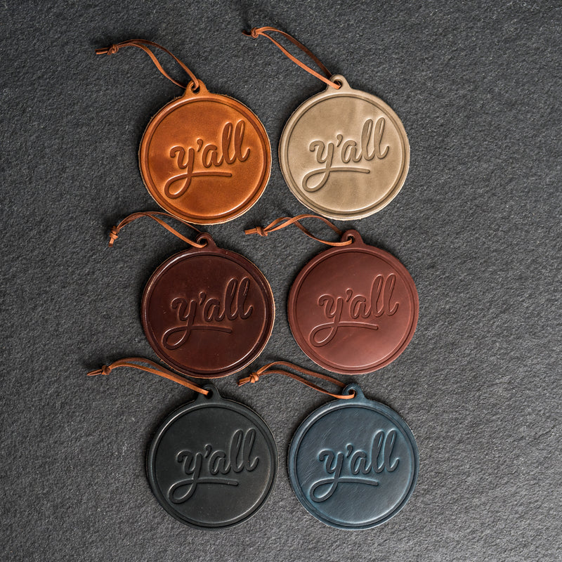 Y'all Circle Shape Leather Christmas Ornament | Stocking Tags