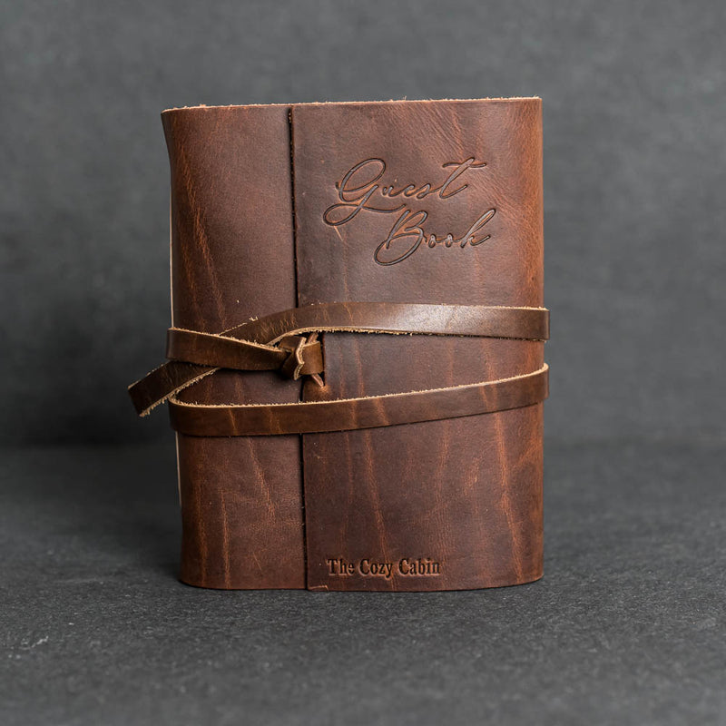 Vacation Rental Guest Book - Leather 6x8 Book with Personalization Opt  Ox  & Pine