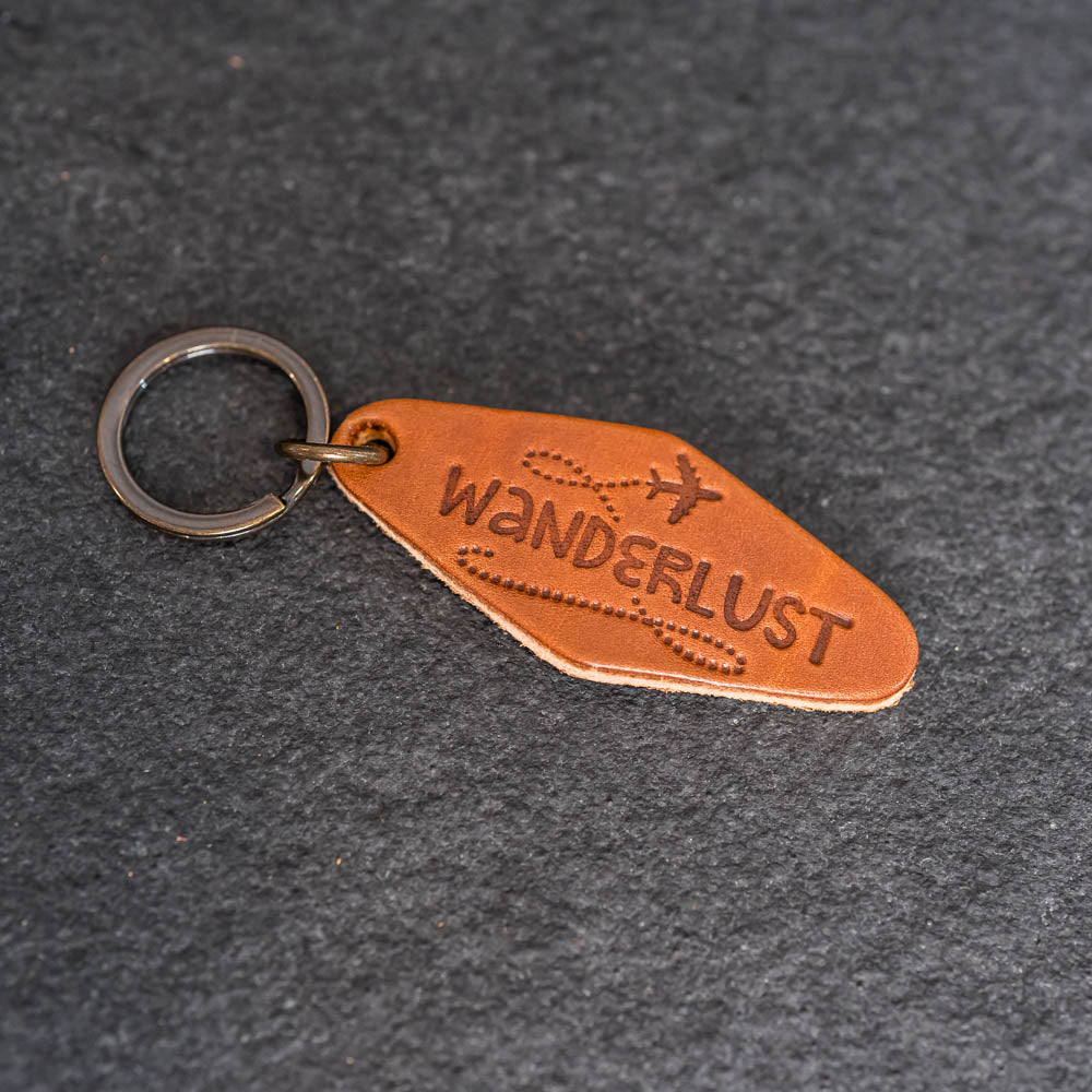 Leather Motel Key Shape Keychain with Wanderlust Stamp Design – Ox