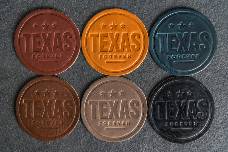 Texas Forever Leather Coasters - 4" Round - Sold individually or as a Set of 4