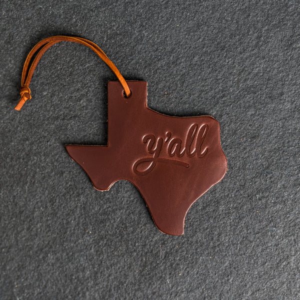 Y'all Texas Shape Leather Christmas Ornament | Stocking Tags
