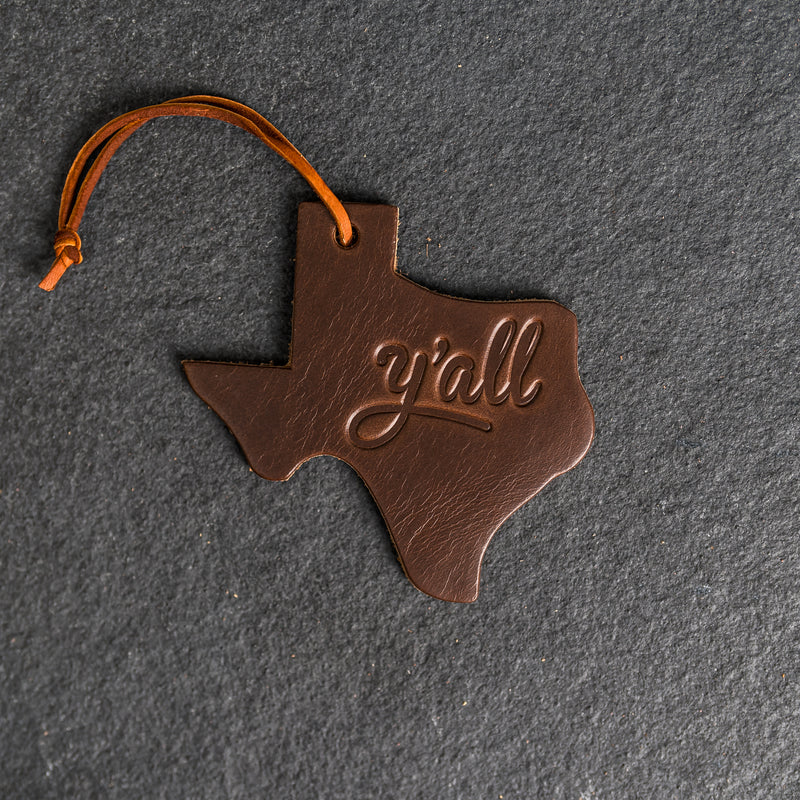 Y'all Texas Shape Leather Christmas Ornament | Stocking Tags
