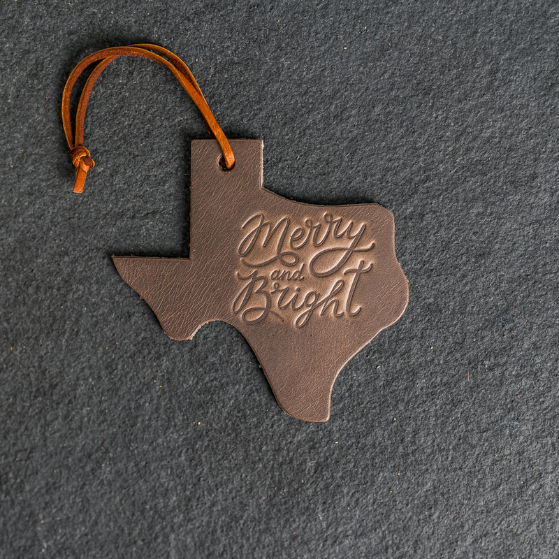 Merry & Bright Texas Shape Leather Christmas Ornament | Stocking Tags