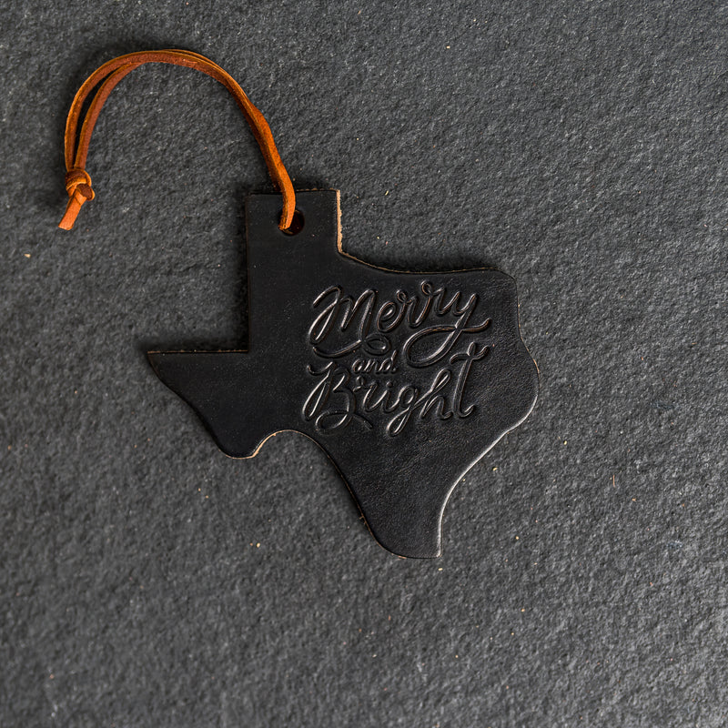 Merry & Bright Texas Shape Leather Christmas Ornament | Stocking Tags