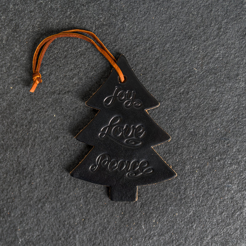 Joy Love Peace Leather Christmas Ornament - Tree Shape | Stocking Tags
